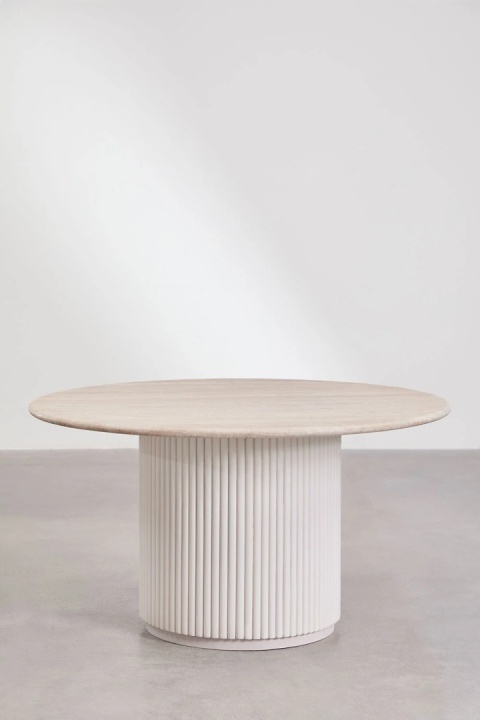 Okrągły stół jadalniany z naturalnego kamienia i drewna mango Giselda Travertyn 140cm