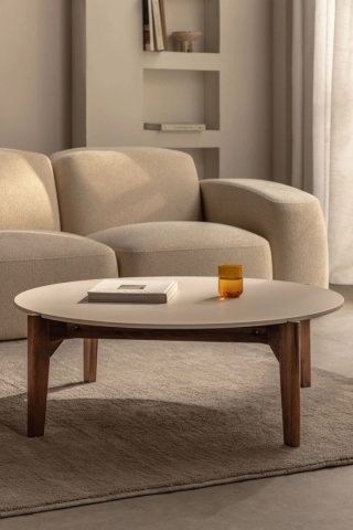 Okrągły stolik kawowy z cementu i drewna akacjowego Xajul 100cm